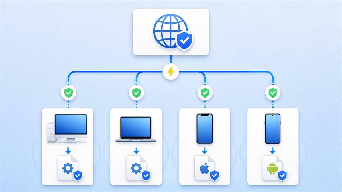 辣椒聊从官方网站选择 Windows、macOS、iOS 与 Android 正式客户端下载入口的多端核验示意图