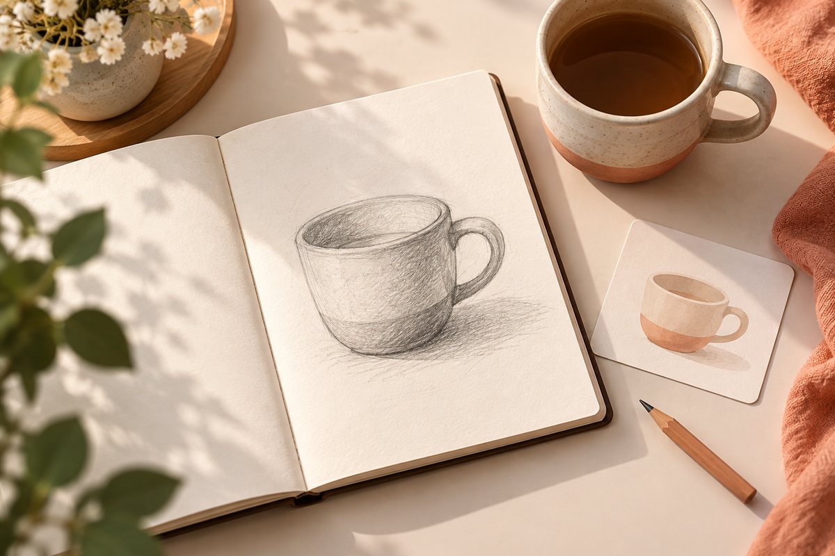 桌面上的素描本画着一只简单杯子，旁边放置单张任务卡和铅笔