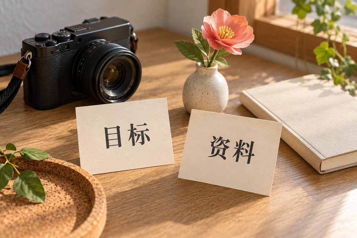 纸花与相机旁摆放目标和资料两张卡