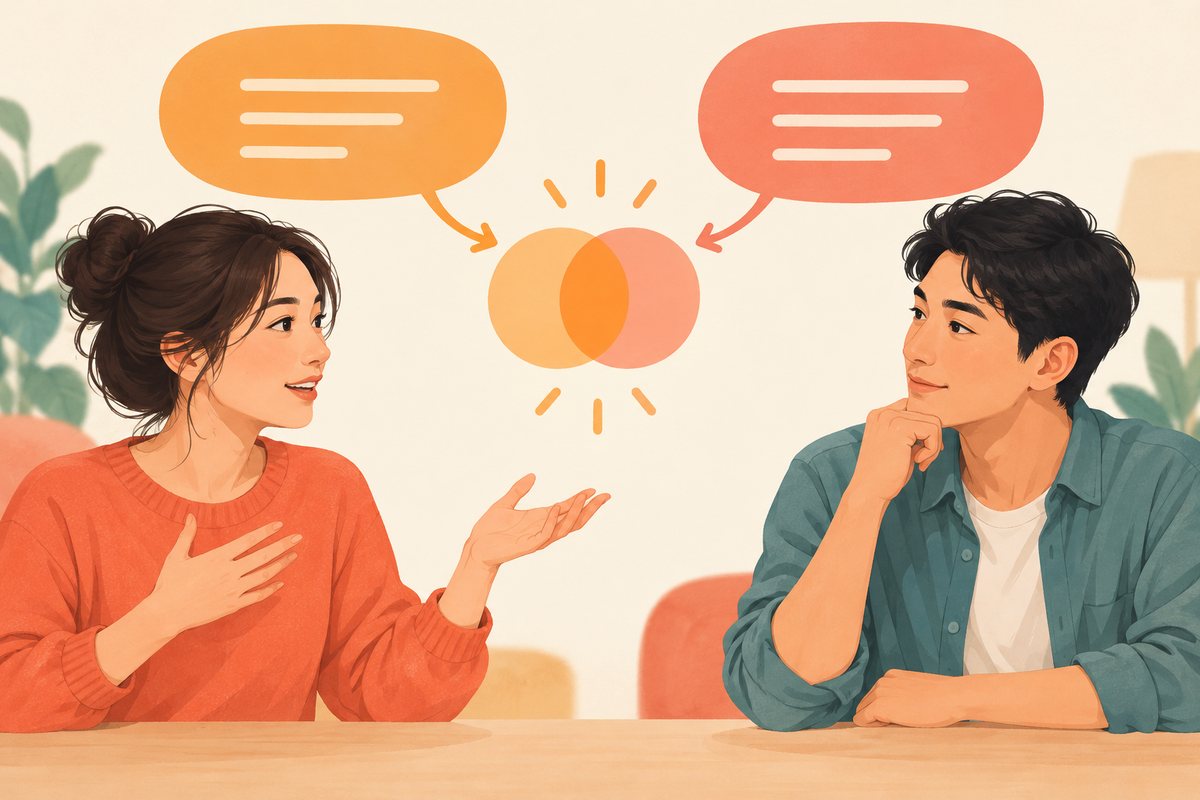 两侧不同颜色的观点形状通过中央共享图形连接,表示先找到可共同理解的内容