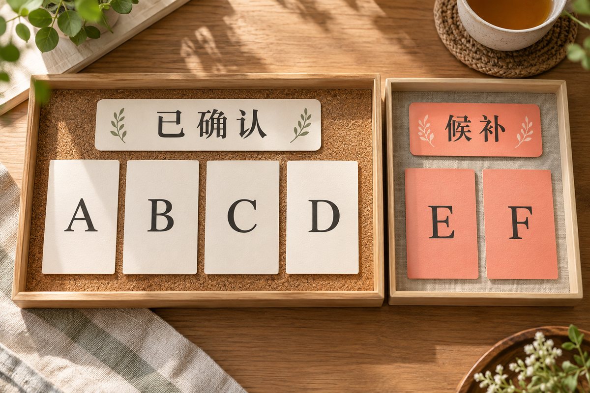 已确认区的A、B、C、D四张卡与候补区的E、F两张卡