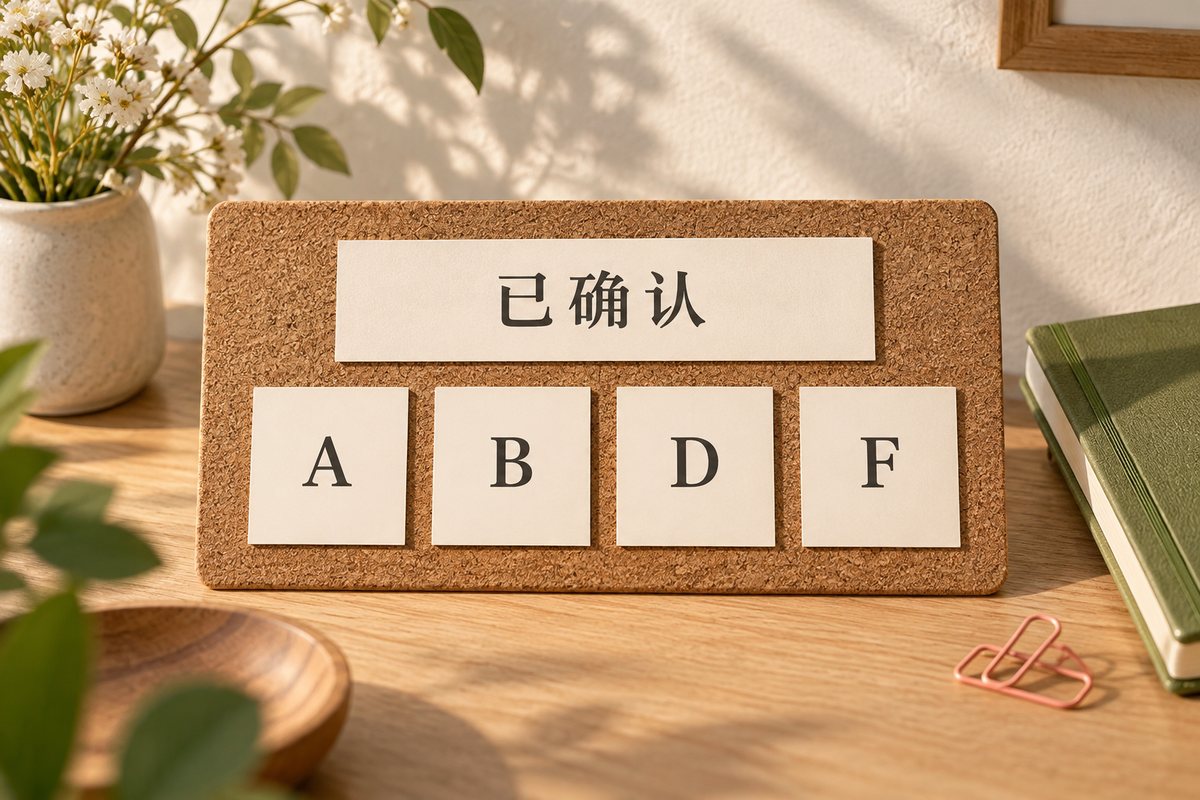 已确认标题下依次摆放A、B、D、F四张卡