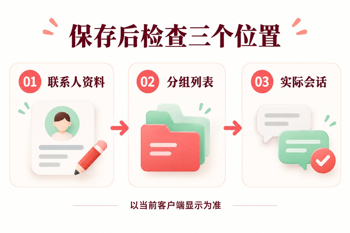 保存好友备注后在联系人资料、分组列表和实际会话中核对的三步示意
