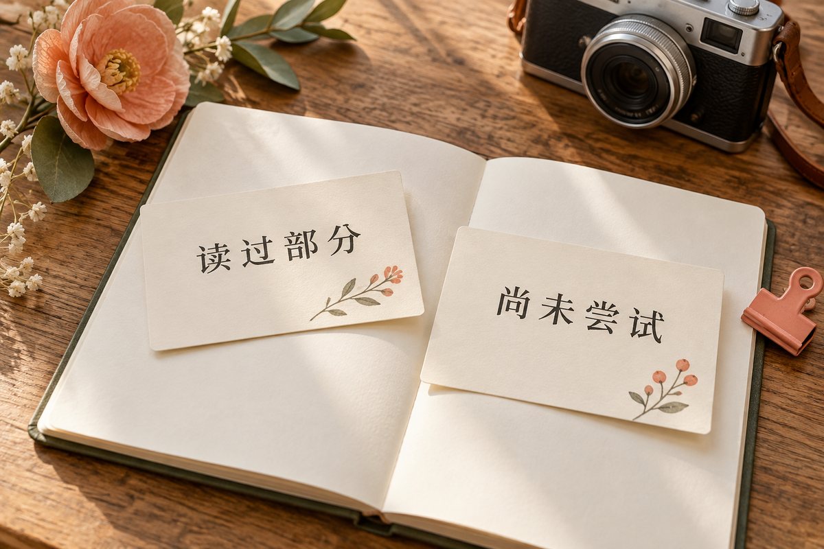 空白笔记本上放着读过部分和尚未尝试两张卡
