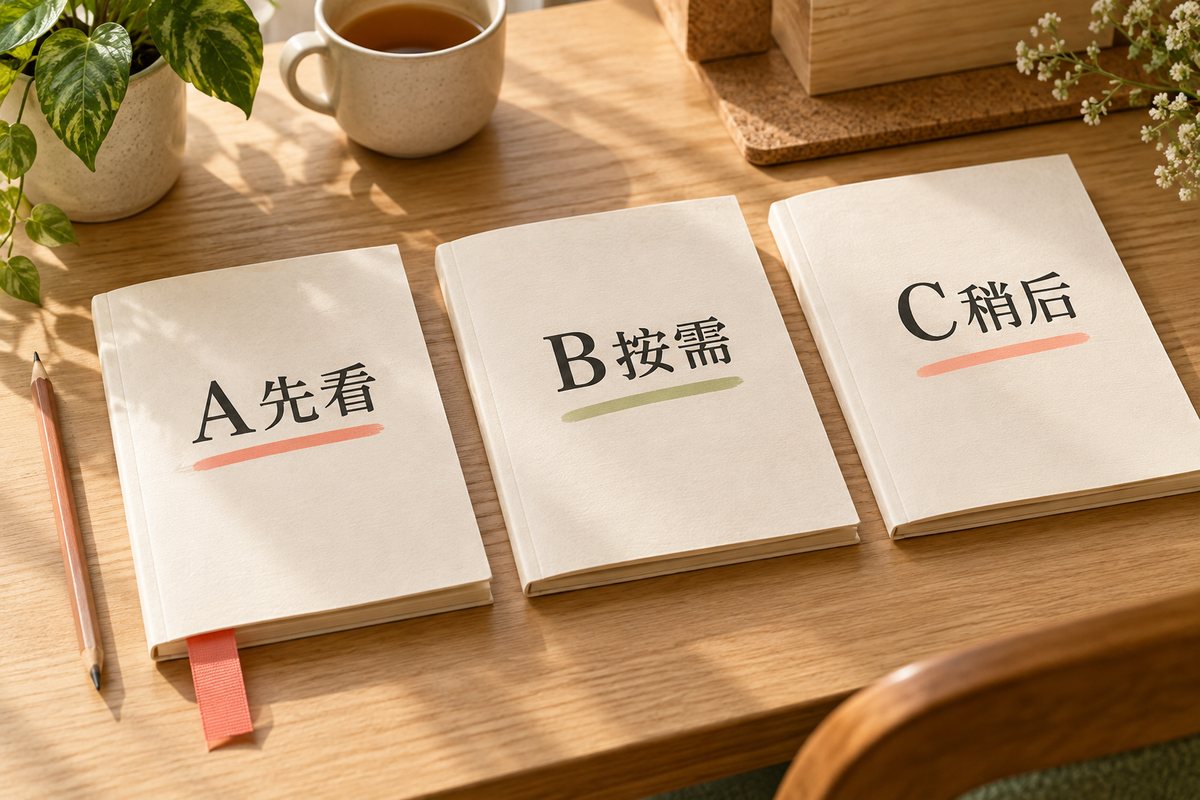 三份分别标为A先看、B按需和C稍后的示例资料