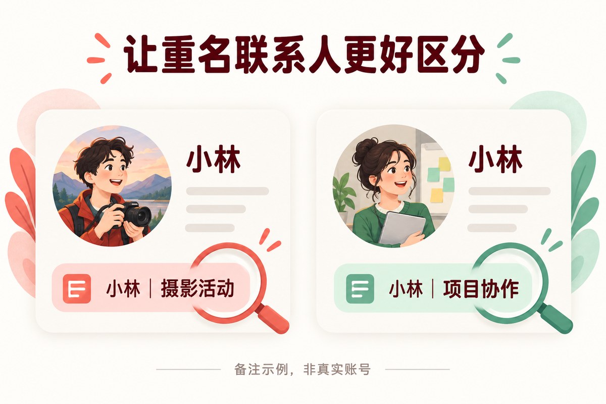 用摄影活动和项目协作两种联系背景区分同名小林的备注示例