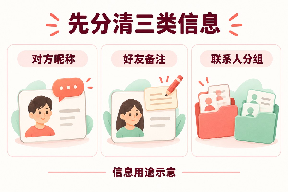 对方昵称、好友备注和联系人分组的用途区分示意