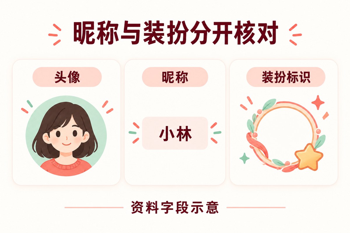头像、昵称与装扮标识三类资料概念的原创区分示意