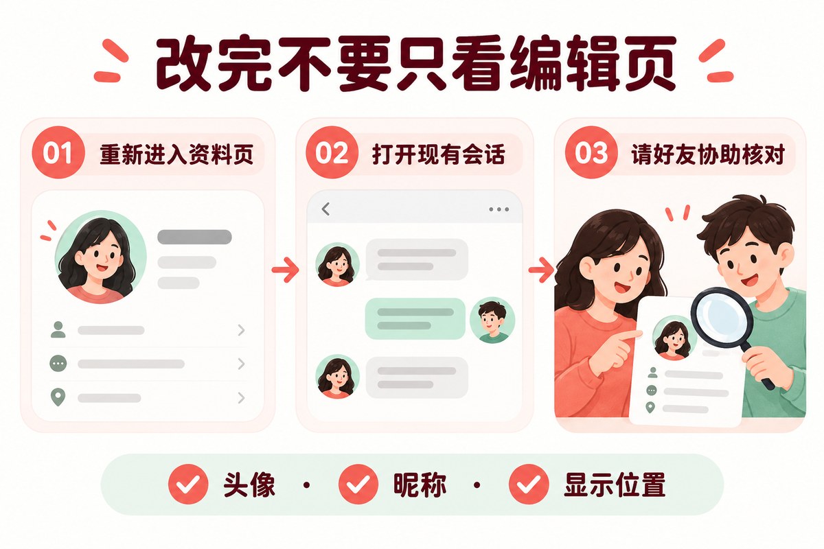 修改资料后重新进入资料页、打开会话和请好友核对的验证流程示意